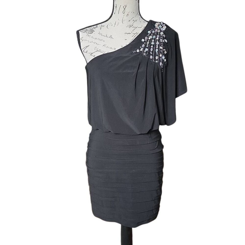 B. Darlin Women's Size 9/10 Black Rhinestone One Shoulder Bandage Skirt Dress